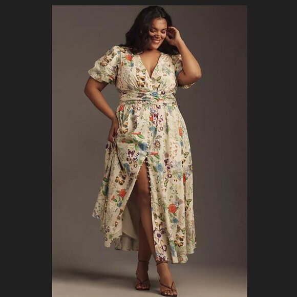 Anthropologie Katrina Buttont Front Multicolor Floral Butterfly Long Dress XLP - Picture 1 of 16
